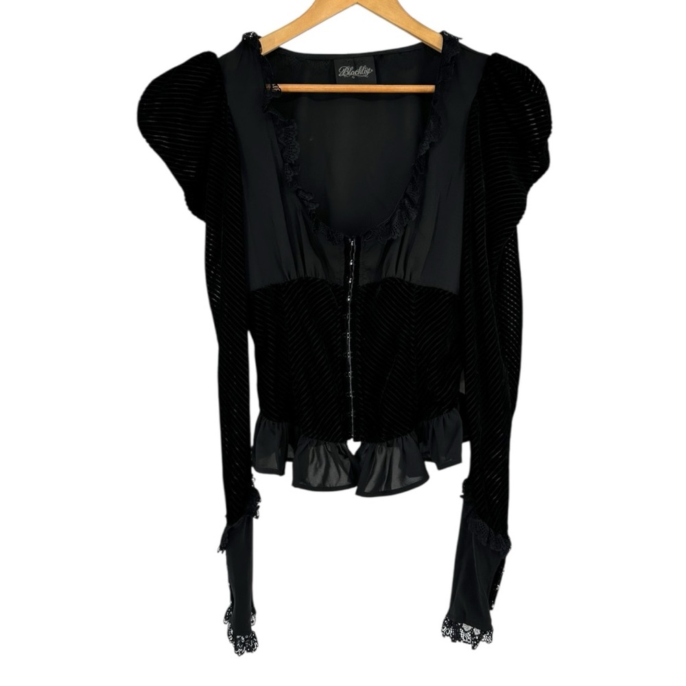 Black Velvet Zip-Front Puff Sleeve Top by Black